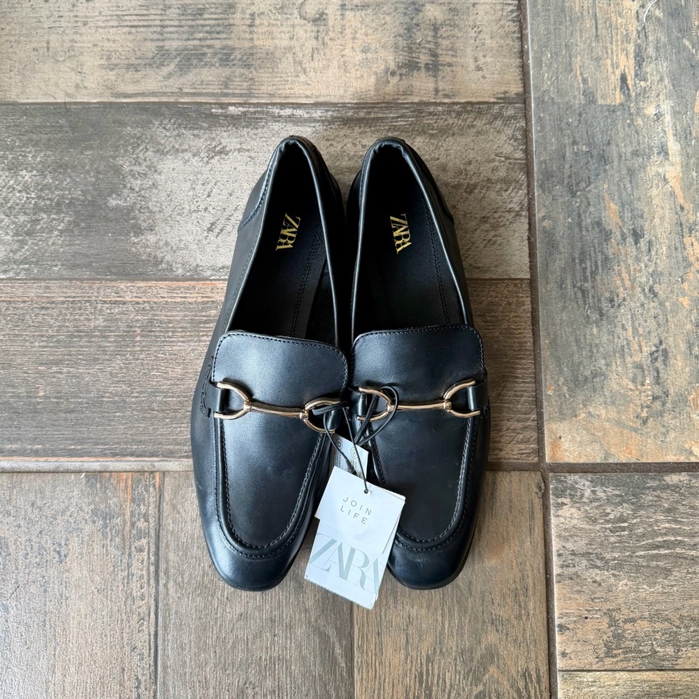 Zara Black Soft Leather Loafers Size 39